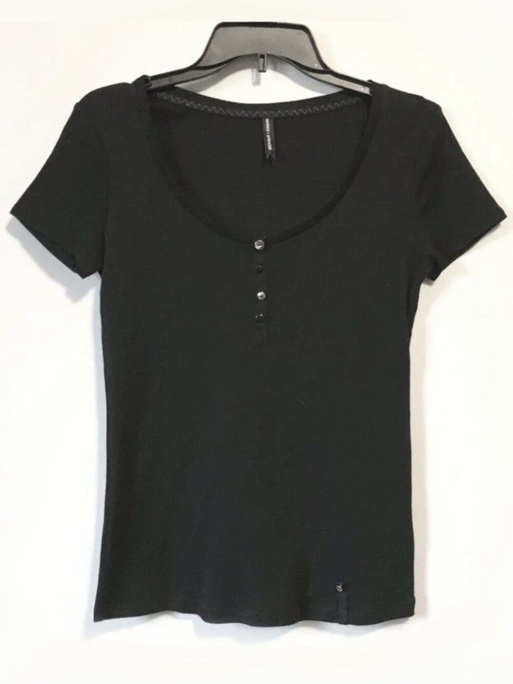M&S 100% Cotton Black Baby Tee Button Detail XS Dark Dollette